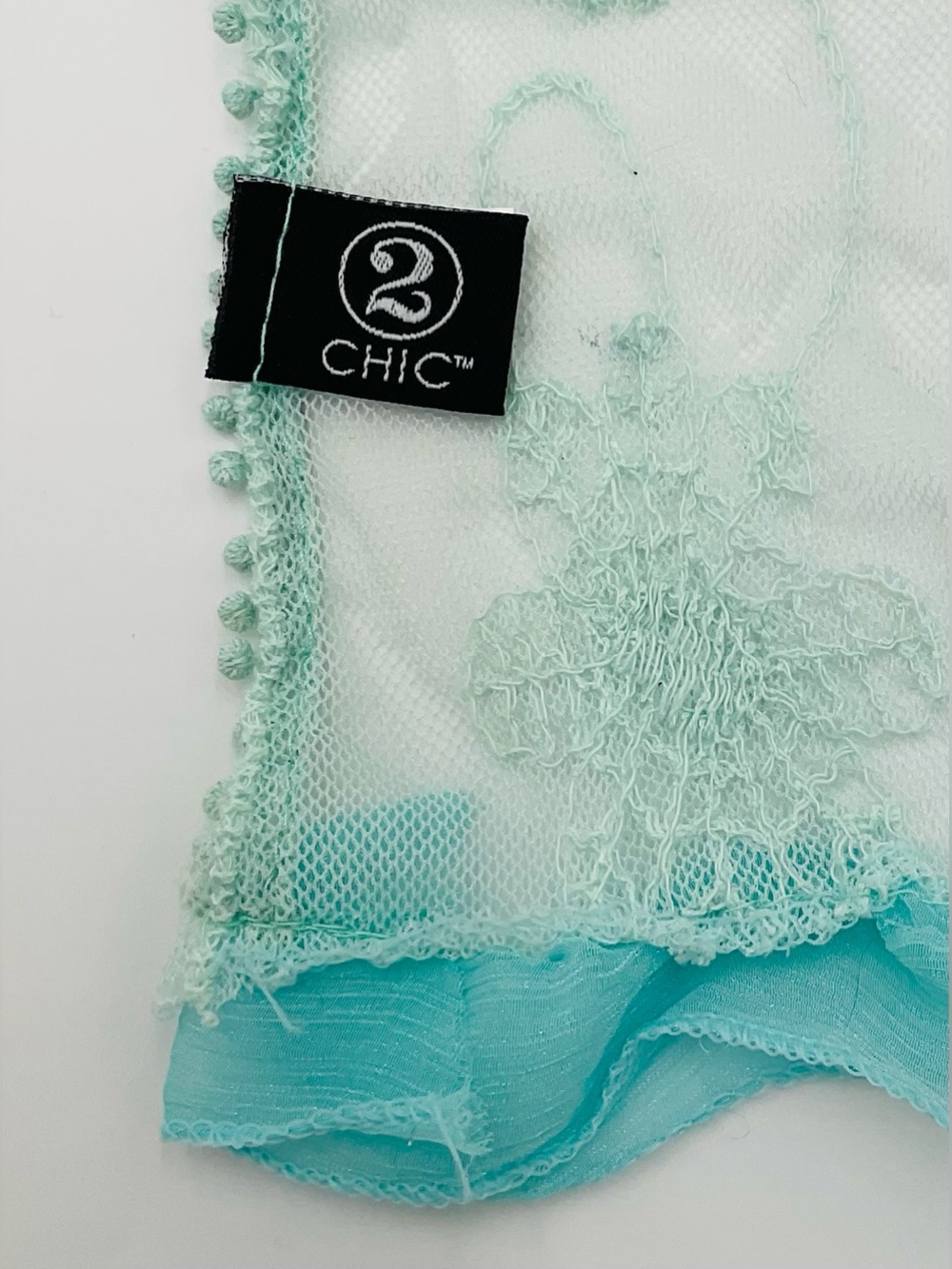 2 CHIC Light Aqua Floral Lace Scarf with Ribbon Rose Accent - Picture 6 of 7